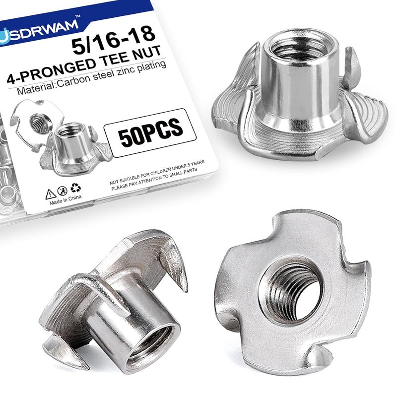 Usdrwam 50 Pack 5/16"-18 T Nuts for Wood, Zinc-Plated Carbon Steel 4-Prong Tee Nuts for Furniture, Cabinets, and Rock Climbing Holds - Image 1